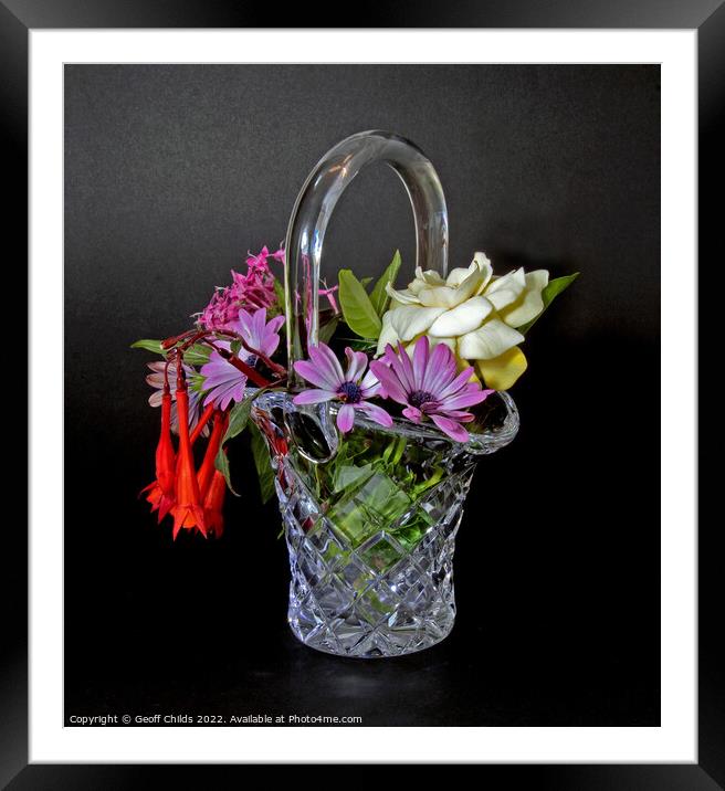 Bunch of mixed flowers in a cut glass basket Vase  Framed Mounted Print by Geoff Childs