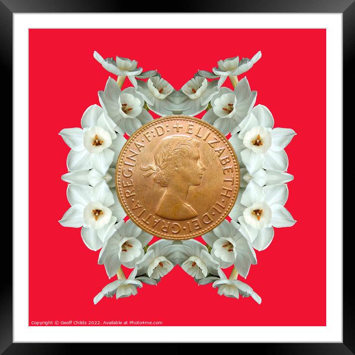 Memorial image of Queen Elizabeth on red. Framed Mounted Print by Geoff Childs