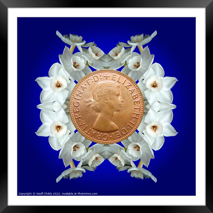 Memorial image of Queen Elizabeth on blue. Framed Mounted Print by Geoff Childs