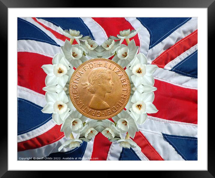 Memorial image of Queen Elizabeth on the Union Jack. Framed Mounted Print by Geoff Childs