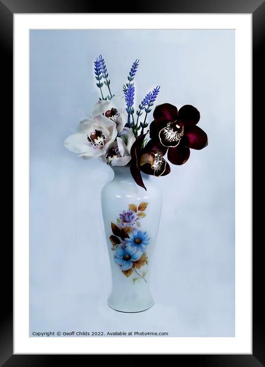  White and purple Cymbidium Orchids in a vase.  Framed Mounted Print by Geoff Childs