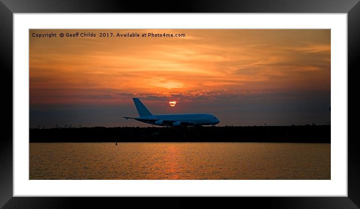 Commercial Jet Aircraft at Sunset Framed Mounted Print by Geoff Childs