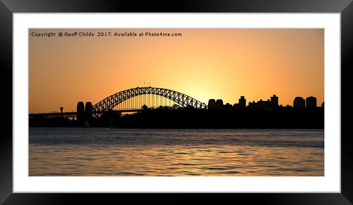 Sydney Harbour Bridge sunset sillhouette. Framed Mounted Print by Geoff Childs