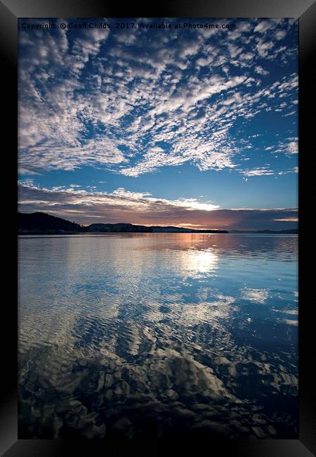 Blue sky Reflections Sunrise Waterscape. Framed Print by Geoff Childs
