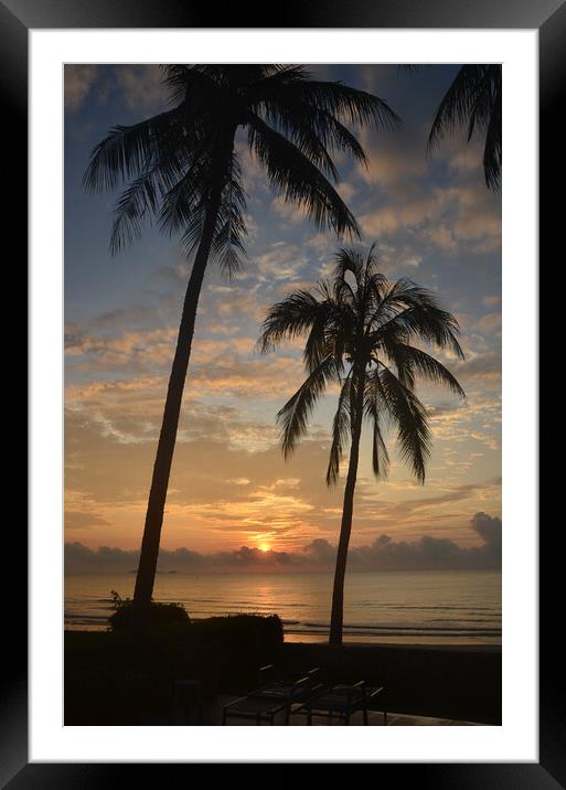 Tropical sunrise seascape with Palm trees at Huay Yang , Thailand. Framed Mounted Print by Geoff Childs
