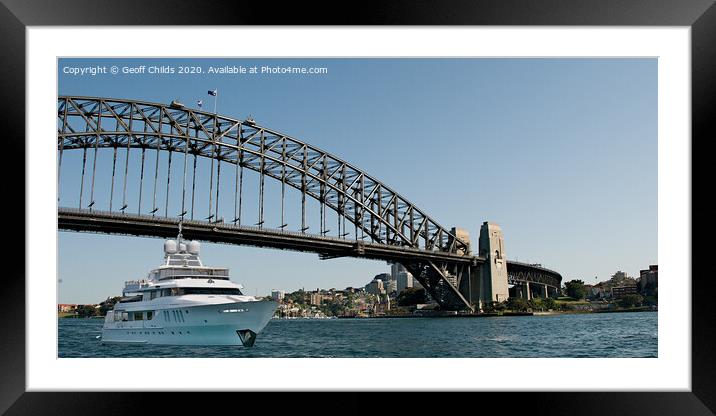  Motor yacht passing under Sydney Harbour Bridge,  Framed Mounted Print by Geoff Childs