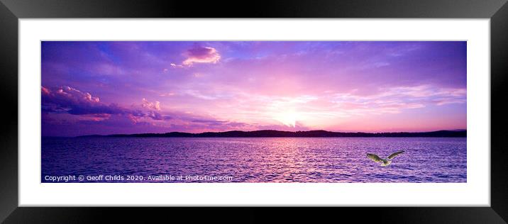 Lavender Ocean Sunset with Seagull. Framed Mounted Print by Geoff Childs
