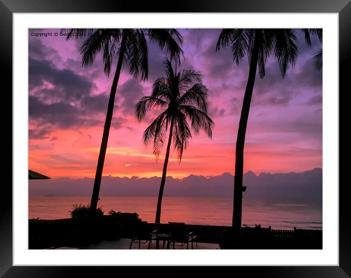 Tropical palm tree sunrise seascape. Thailand. Framed Mounted Print by Geoff Childs