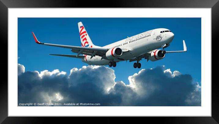 Passenger aircraft on landing approach. . Framed Mounted Print by Geoff Childs