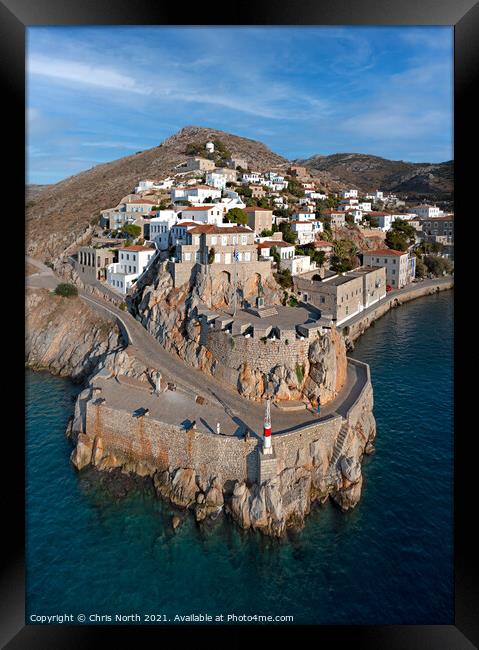 Hydra harbour and fortifications. Framed Print by Chris North