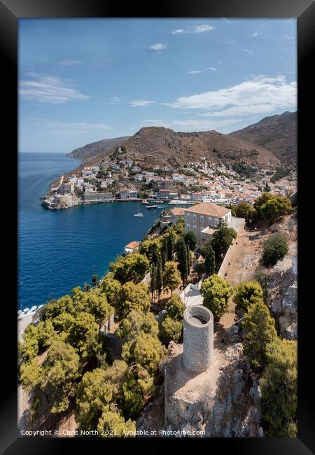Hydra harbour and shore. Framed Print by Chris North