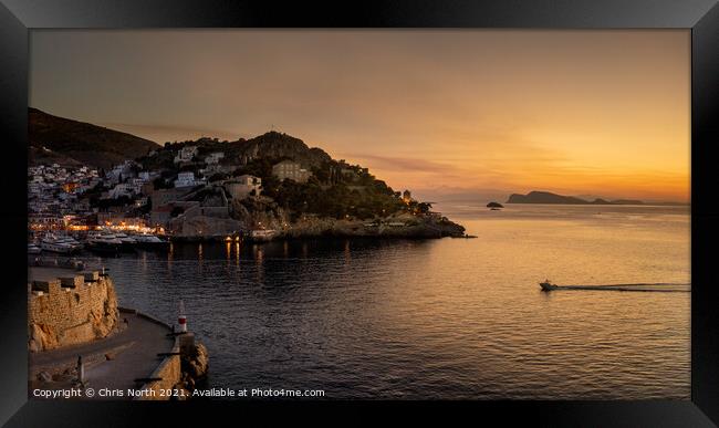 Hydra harbour sunset. Framed Print by Chris North