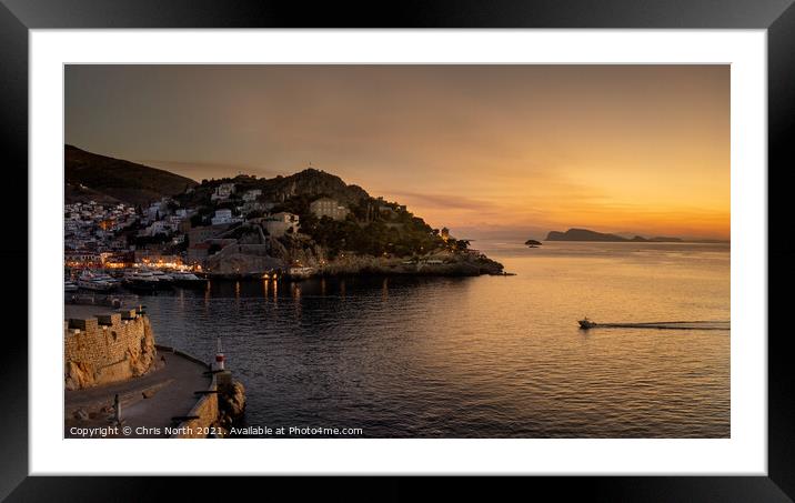Hydra harbour sunset. Framed Mounted Print by Chris North
