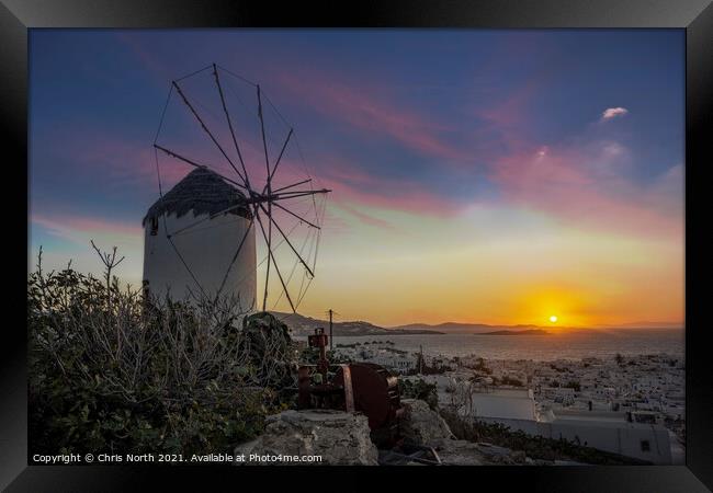 Sunset over Boni's Windmill of Mykonos. Framed Print by Chris North