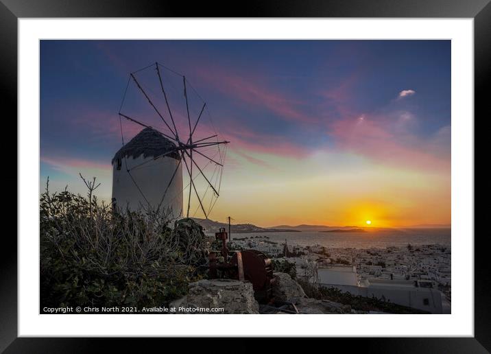 Sunset over Boni's Windmill of Mykonos. Framed Mounted Print by Chris North