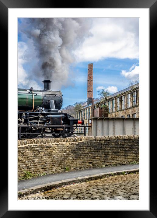 Steam engine departing Keighley station. Framed Mounted Print by Chris North