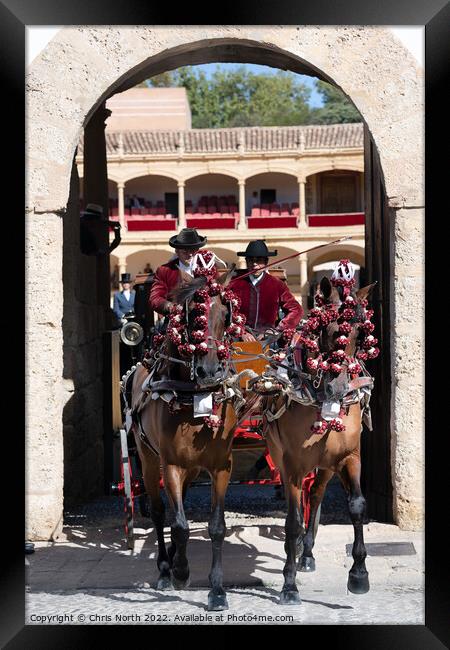 Ornate horse drawn carriage at Rhonda bullng. Framed Print by Chris North