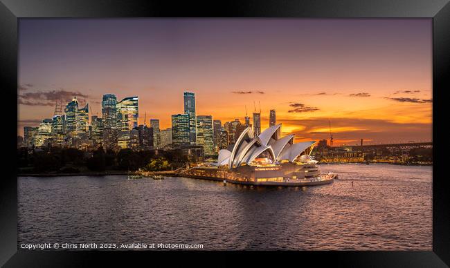 Sydney Opera House at sunset. Framed Print by Chris North