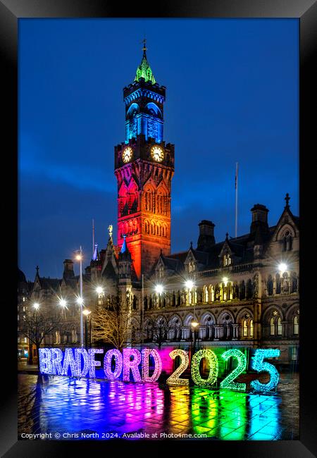 Bradford town hall by night, featuring the 2025 logo Framed Print by Chris North