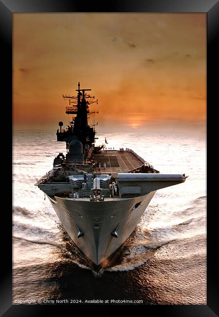 Alpha Dawn,  HMS Ark Royal at sunrise. Framed Print by Chris North