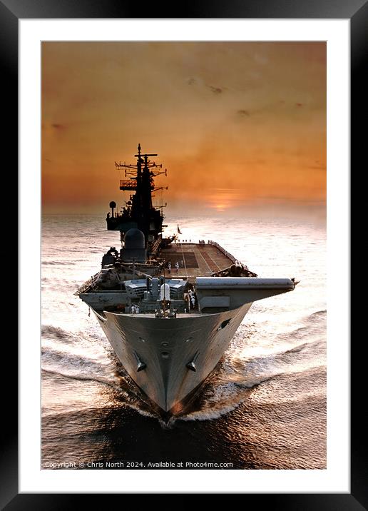 Alpha Dawn,  HMS Ark Royal at sunrise. Framed Mounted Print by Chris North