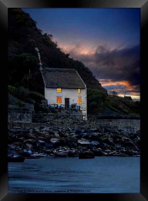 Runswick Bay Fishermans cottage at dusk. Framed Print by Chris North