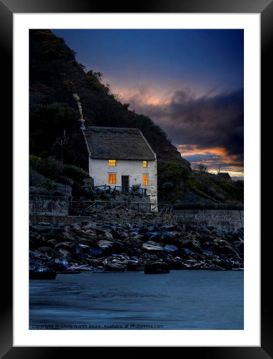 Runswick Bay Fishermans cottage at dusk. Framed Mounted Print by Chris North