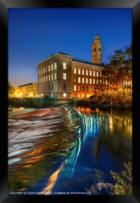 Salts Mill and weir. Framed Print by Chris North
