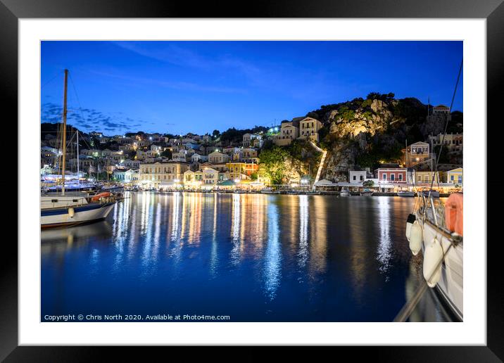 Symi Harbour at night Framed Mounted Print by Chris North