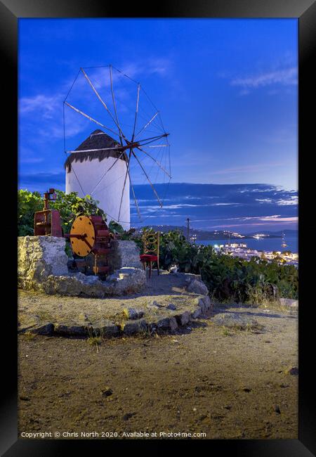 Dusk Windmill at Mykonos, Greece Framed Print by Chris North