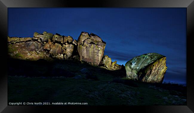 Cow and calf rocks at dusk. Framed Print by Chris North