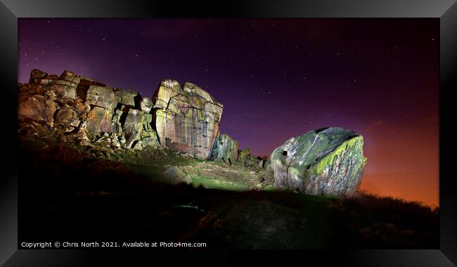Last light  at the cow and calf rocks, Ilkley, Yorkshire. Framed Print by Chris North