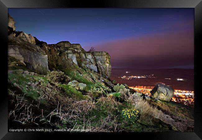 The cow and calf rocks at dusk. Framed Print by Chris North