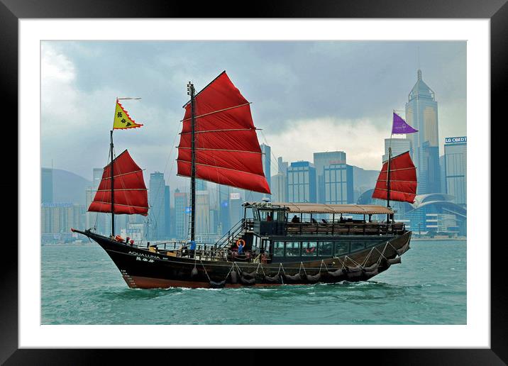 Hong Kong Harbour, Junk Boat Framed Mounted Print by Janet Mann
