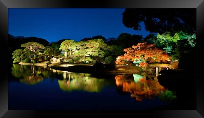 Rikugien Japanese Garden at Night Framed Print by Justin Bowdidge