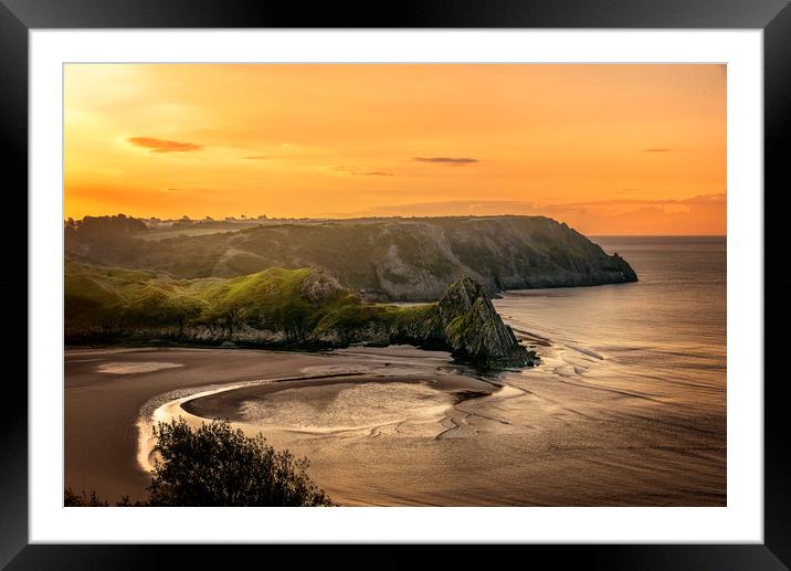 Golden Sunrise at Three Cliffs Bay Framed Mounted Print by Karl McCarthy