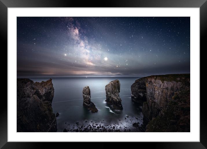 Night sky above the Elegug Stacks - Pembrokeshire Framed Mounted Print by Karl McCarthy