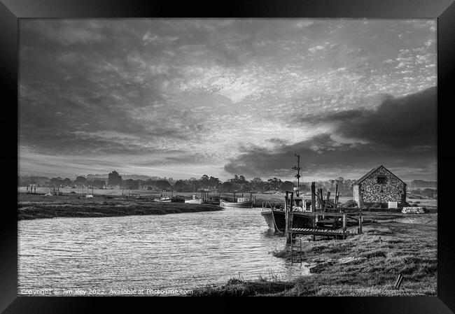 Thornham Staithe Norfolk Black and White  Framed Print by Jim Key