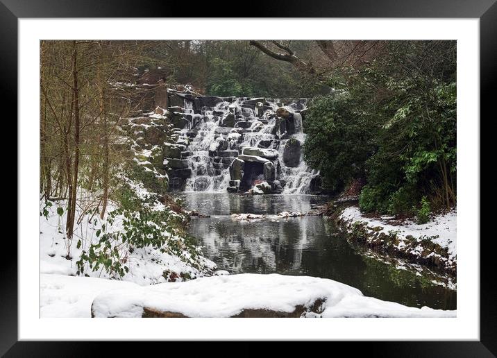 Snow covered Winter Cascades at Virginia Water. Framed Mounted Print by Dave Williams
