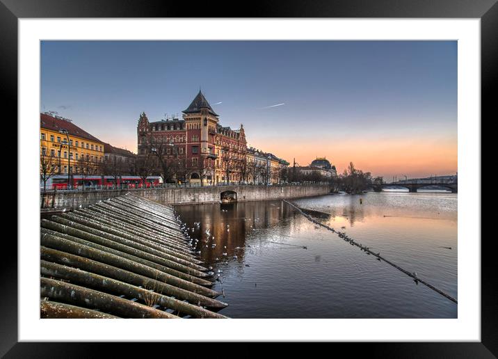 Vitava Riva Sunset in Praague, Czech Republic Framed Mounted Print by Dave Williams