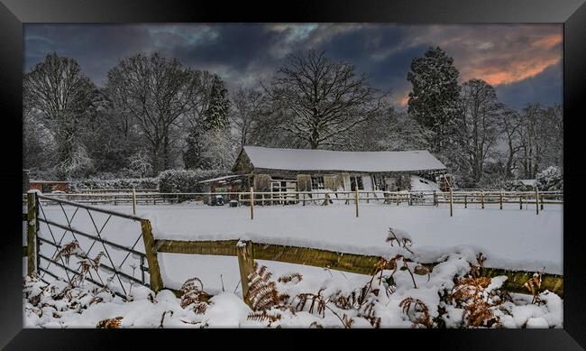 Snowy Days at Wood Farm Barn Framed Print by Dave Williams