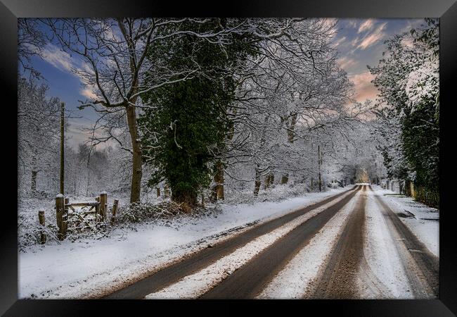 The Eversley Snow Road  Framed Print by Dave Williams