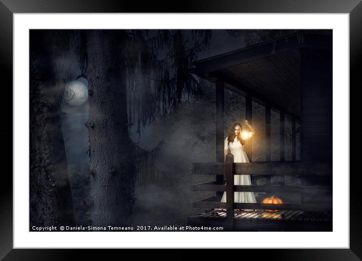 Scary woman in white dress in a dark forest Framed Mounted Print by Daniela Simona Temneanu