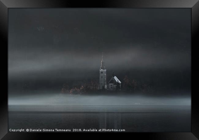 Church on Bled Island in fog Framed Print by Daniela Simona Temneanu