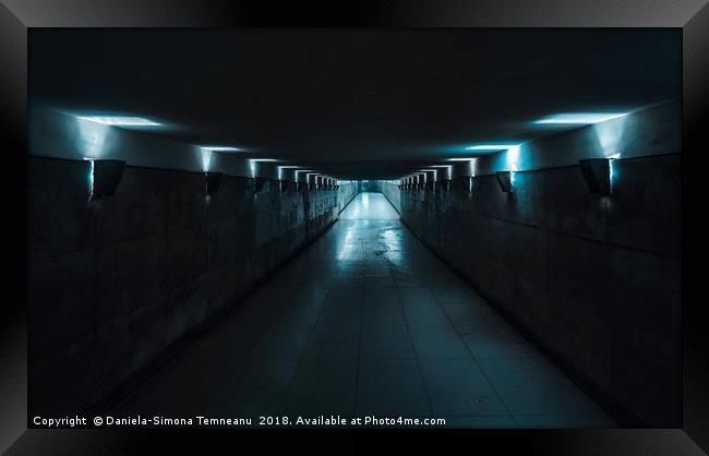 Underground passage with blue light Framed Print by Daniela Simona Temneanu