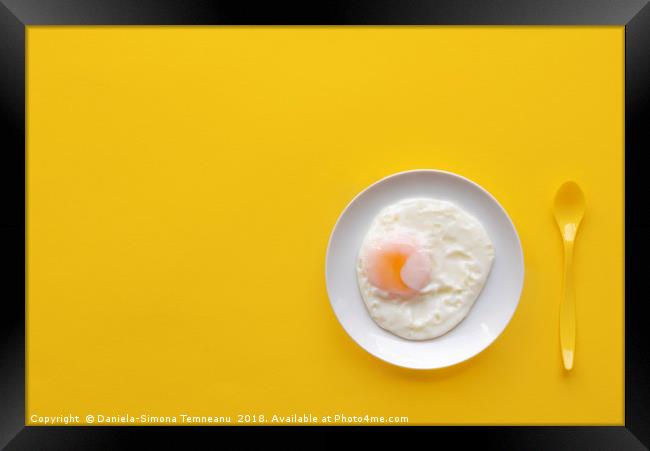 Fried egg in a plate on a yellow background Framed Print by Daniela Simona Temneanu