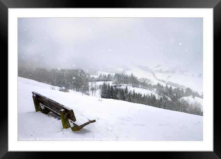 Wooden bench on a hill and snowfall Framed Mounted Print by Daniela Simona Temneanu