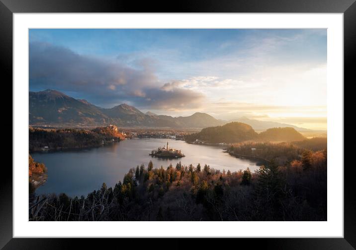 Bled landscape with island, lake and Julian Alps at sunrise in Slovenia Framed Mounted Print by Daniela Simona Temneanu