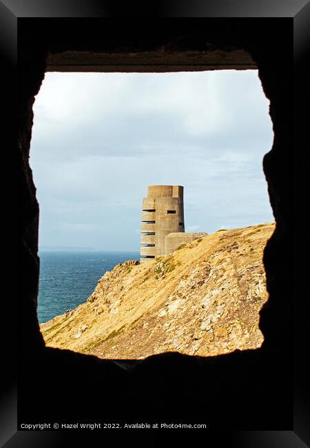 German coastal tower through a bunker at Grosnez p Framed Print by Hazel Wright