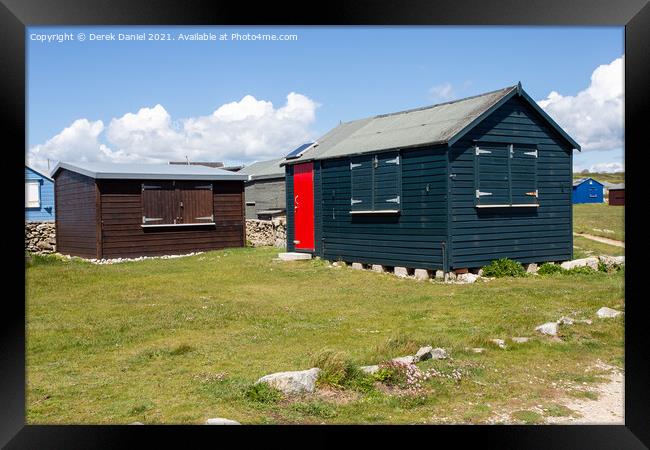 Beach Huts at Portland Bill Framed Print by Derek Daniel